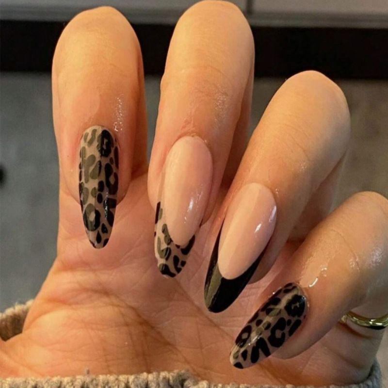 24шт Глянцевые Французские Миндалевидные Накладные Ногти с Леопардовым Принтом - Европейский и Американский Стиль