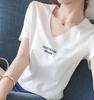Women's Short Sleeve Graphic Tee V Neck Casual Fashion T-Shirt With Cute Embroidered Print