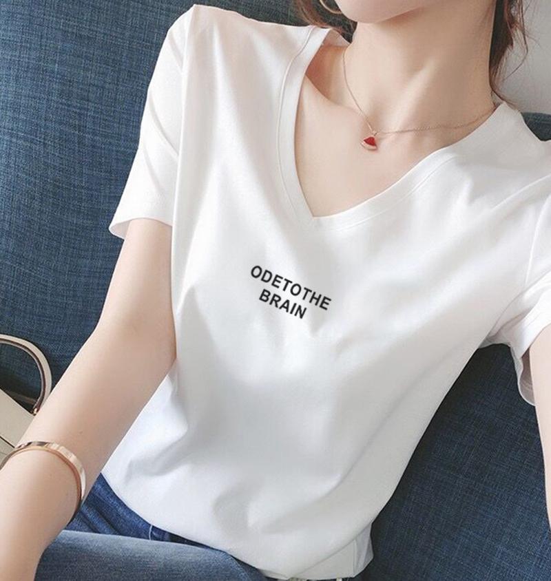 Women's Short Sleeve Graphic Tee V Neck Casual Fashion T-Shirt With Cute Embroidered Print
