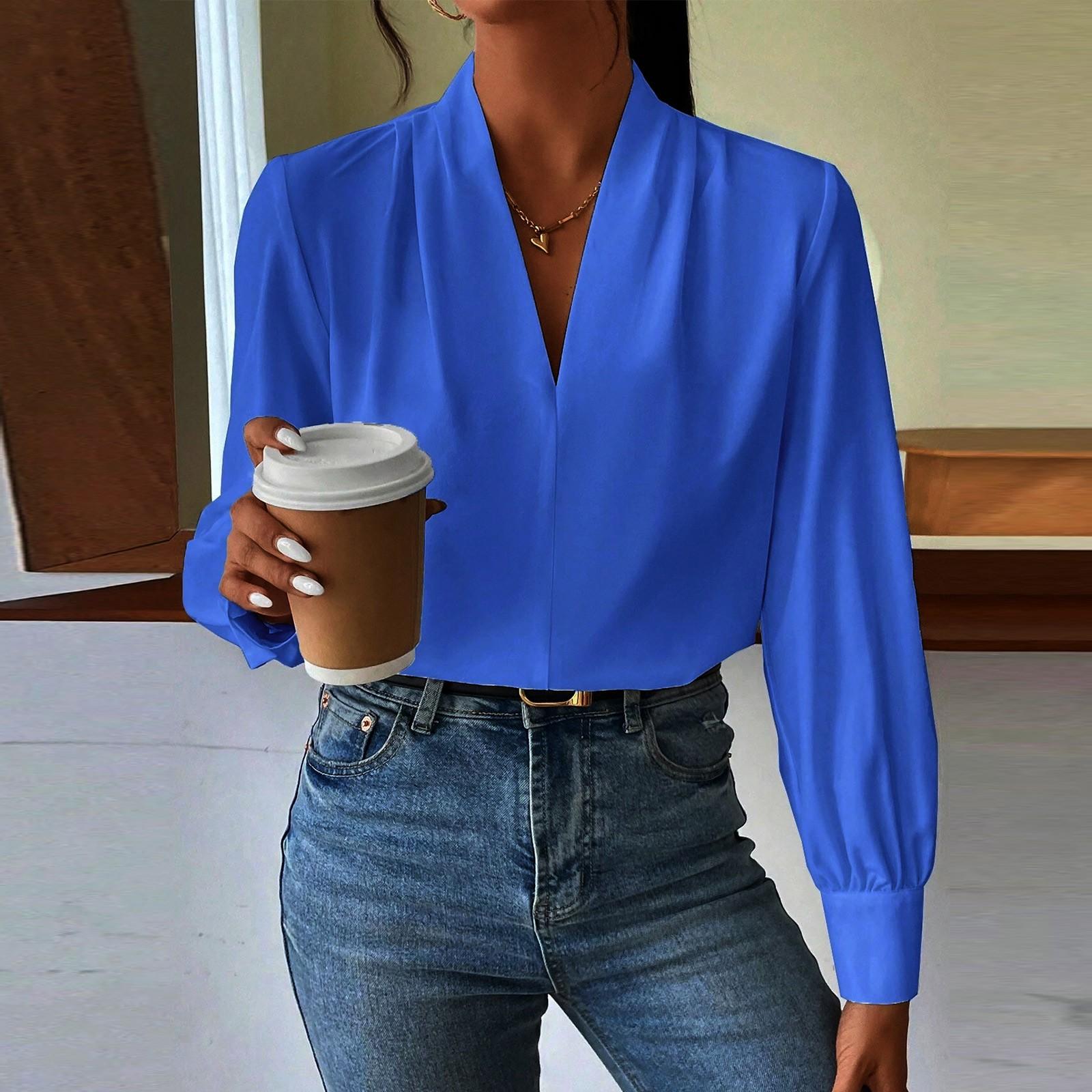 Women s Fashionable V Neck Color Loose Long Sleeved Shirt Casual Long Sleeved Shirt M синий