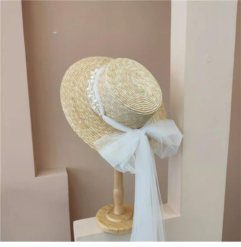 202601-shi Ins Chic Summer French Retro Bride White Bead Flower Natural Straw Lady Fedoras Cap Women Holiday Leisure Beach Hat