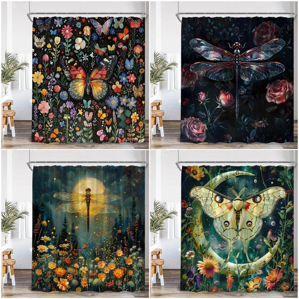 Vintage Butterfly Floral Shower Curtain Dragonfly Flower Moon Plant Skull Witch Magic Shower Curtain Bathtub Decoration