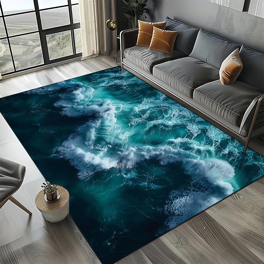 Style New Blue Green Seawater Sea Wave Ocean Carpet Rug for Living Room Bedroom Home Sofa Decoration, Floor Mat