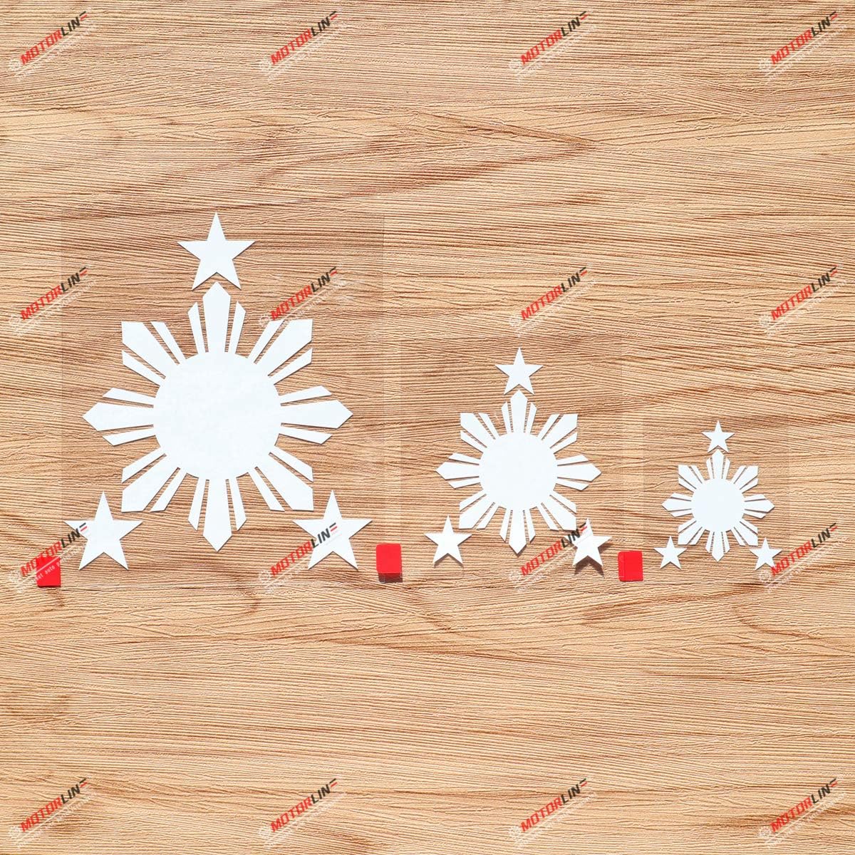 

Eight-Ray Sun Stars Philippines Flag Filipino Vinyl Decal Sticker - 3 Pack White, 2 Inches, 3 Inches, 5 Inches - Die Cut No Background