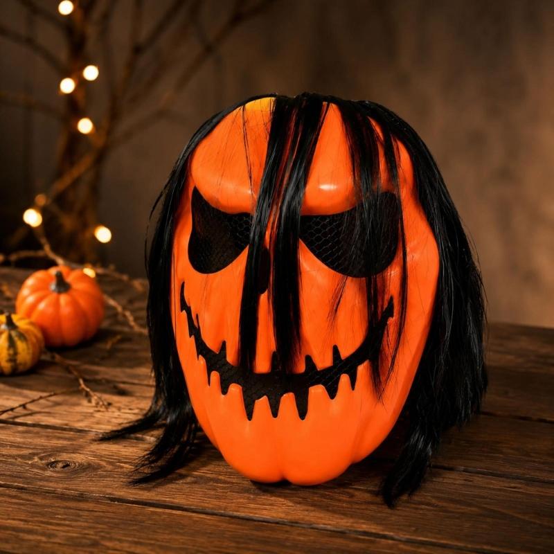 Pull-On Pumpkin Costume Mask with Elastic Strap, Lightweight Molded Shell and Long Black Hair for Halloween Character Costume Play