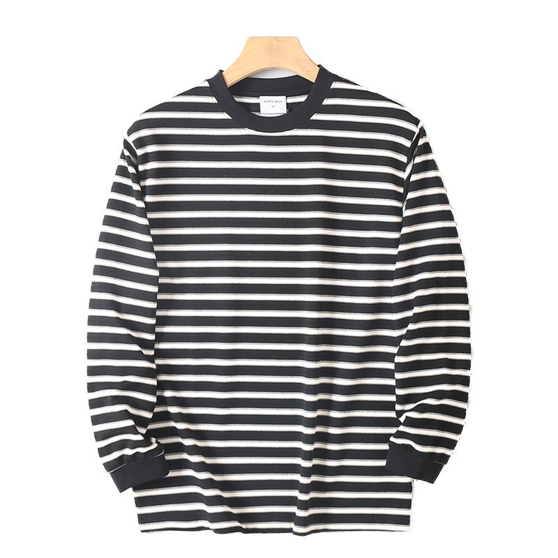 Foreign Trade Export Cut-Label Surplus Double-Sided Yarn-Dyed Striped Long-Sleeve T-Shirt for Men, Autumn Loose Casual Round-Neck Base Shirt