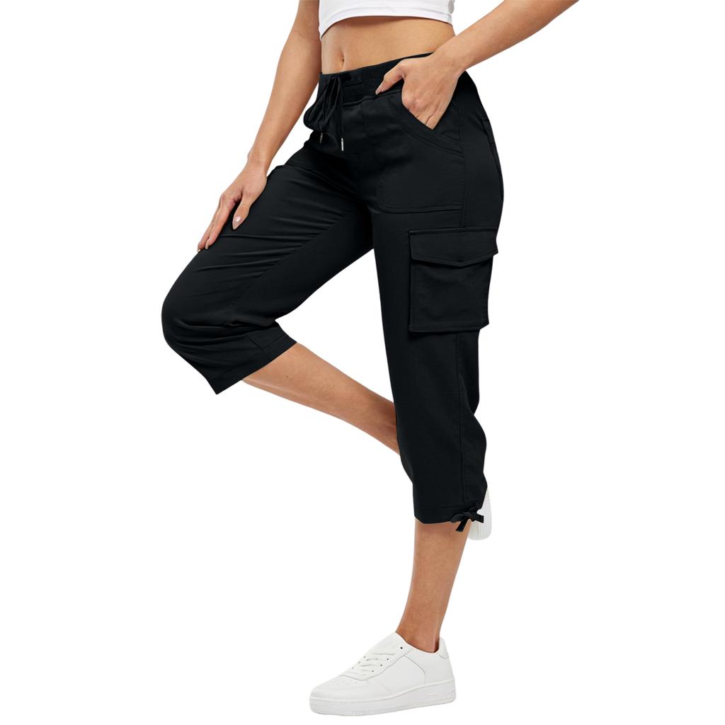 Women’s Loose Fit High Waist Elastic Waistband Lightweight Hiking Pants with Dual Pockets and Drawstring Capri Length for Outdoor Activities
