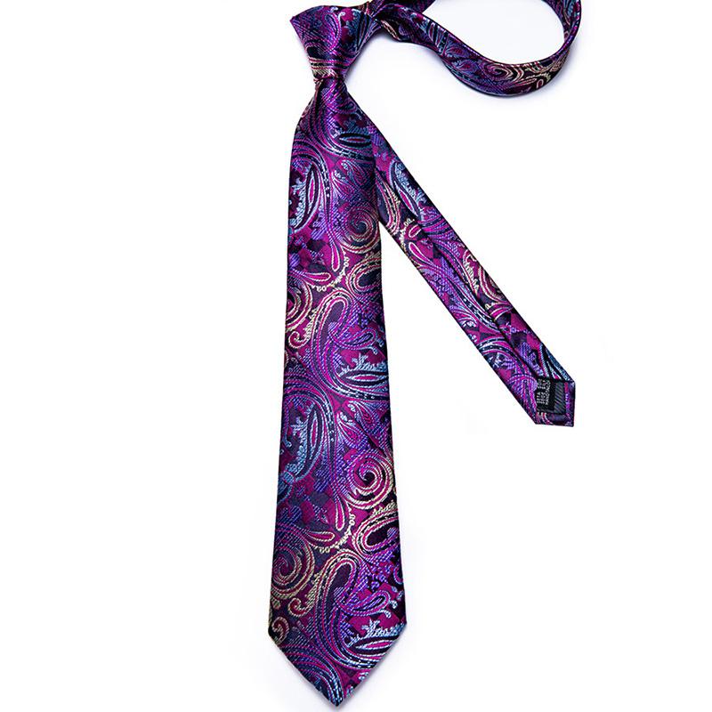 Dibangu Men's Tie Set Purple Design Paisley Fashionable Necktie Pocket Square Handkerchief Cufflinks Set for Wedding