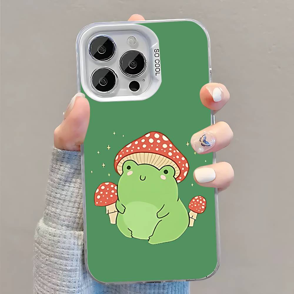 Mint Green The Frog Mushroom Phone Case For iPhone 16,15,14,13,12,11,Pro,XS,Max,Plus,Mini,SE White Candy Matte Shockproof Cover