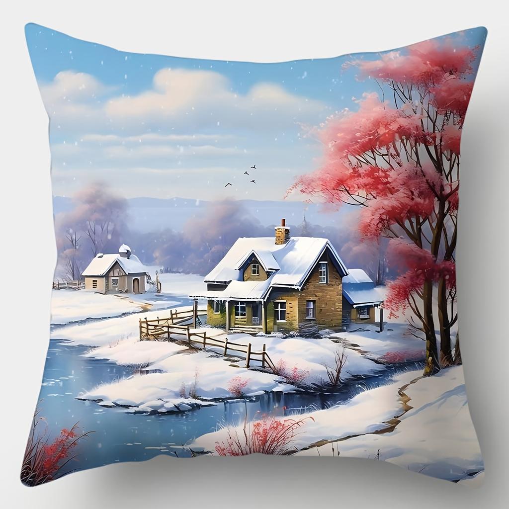 4PCS Seasonal Scenery Pillow Covers, Sofa Cushion Covers, Zipper Closure, Woven Style Lumbar Pillow Cases, for Living Room