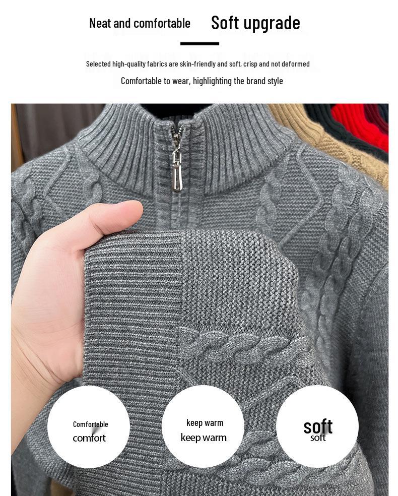 Herren Winter dicker Strick Pullover mit halbem Reißverschluss und Stehkragen