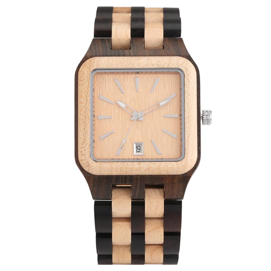 Retro Wood Calendar Watches for Men Creative Rectangle Dial Clock Man Full Natural Wooden Band Watch Date Quartz Wrist Watches