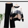 Korean All-matching Long-sleeved Sweater Contrasting Round Collar Pullover Loose Long Wide-leg Pants Fashionable Two-piece Suit