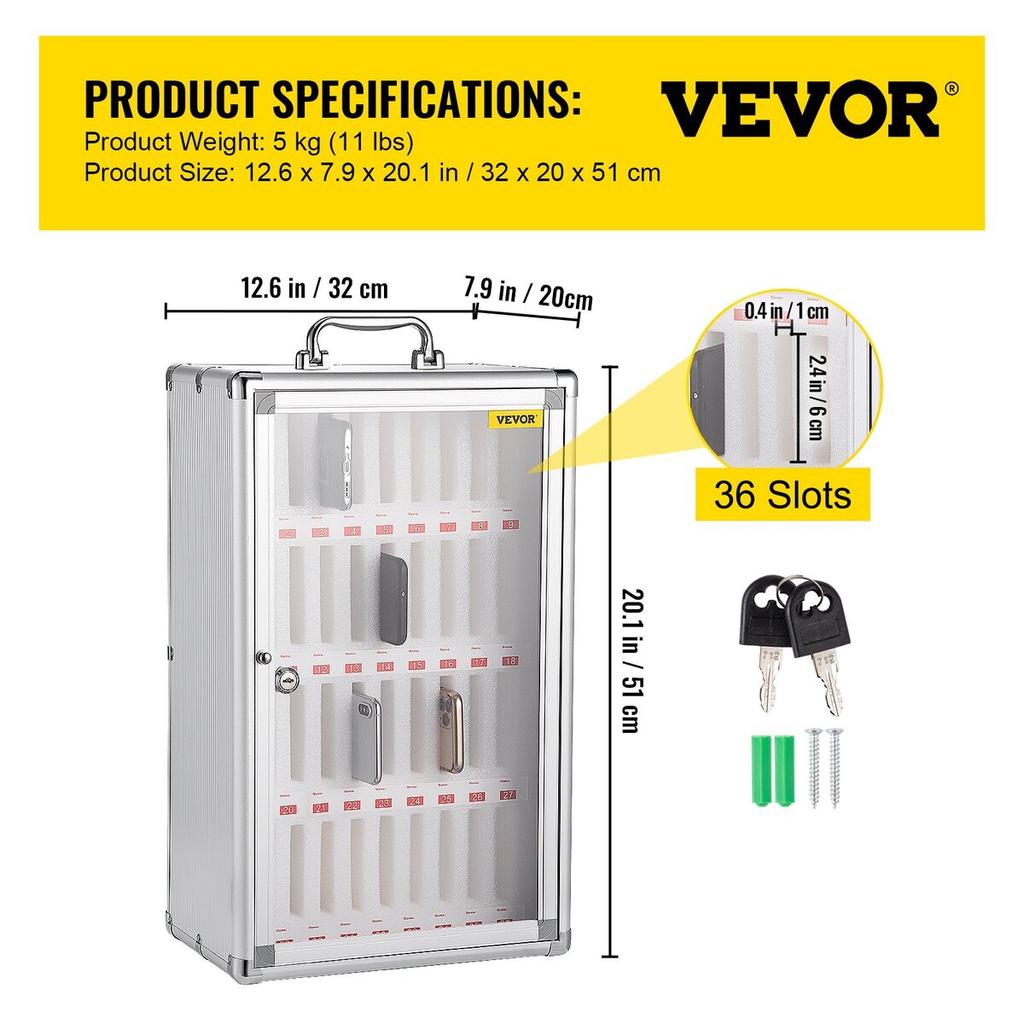 Cell Phone Storage Cabinet, 36 Slots, Aluminum Alloy Pocket Chart Storage Locker Box w/ Portable Handle, Key Lock & Handwritten Tags, Wall Mounted for