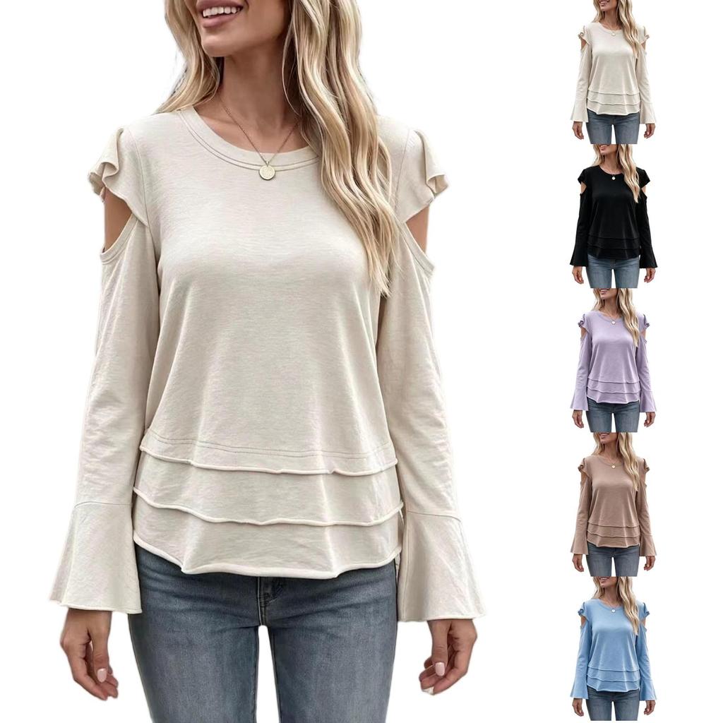 Women's Fashion Casual Long Sleeve Top with Off-Shoulder Ruffle and Hem