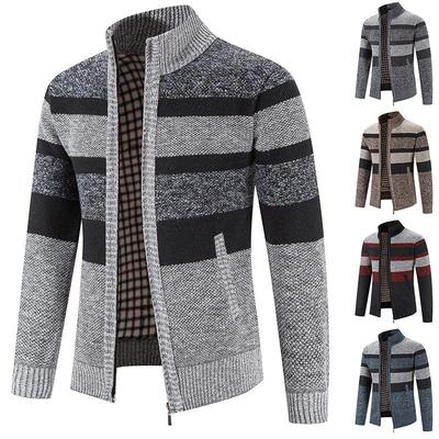 Męski Pogrubiony Aksamitny Sweter Kardigan Kurtka z Dzianiny z Kołnierzem Stojącym Color Block na Jesień/Zimę