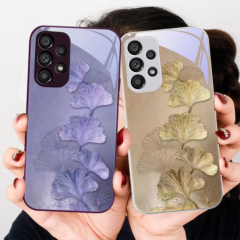Goldene Ginkgo-Blätter Samsung Galaxy S23 U Ltra 24 Plus S20 P Lus 21 FE S25 Ultra A70 A72 73 51 52 53 Gehärtetes Glas Handyhülle