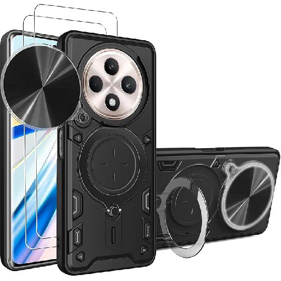 

Чохол для телефону Oppo Reno12 F 5G з захисним склом для екрану, [2 шт.] Вбудована зсувна кришка для захисту камери, Надміцний повноцінний корпус військового класу OPPO Reno12 F 5G чорний