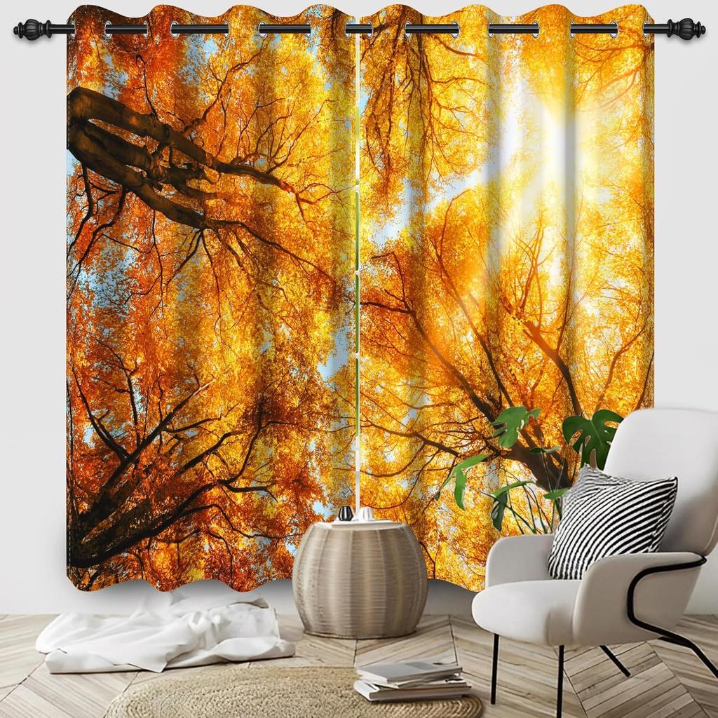 Orange Yellow Leaves Curtain Fall Scenery Forest Trees Window Drapes Panels Set Patio Office Living Room Curtains Light Blocking Polyester Great Decor