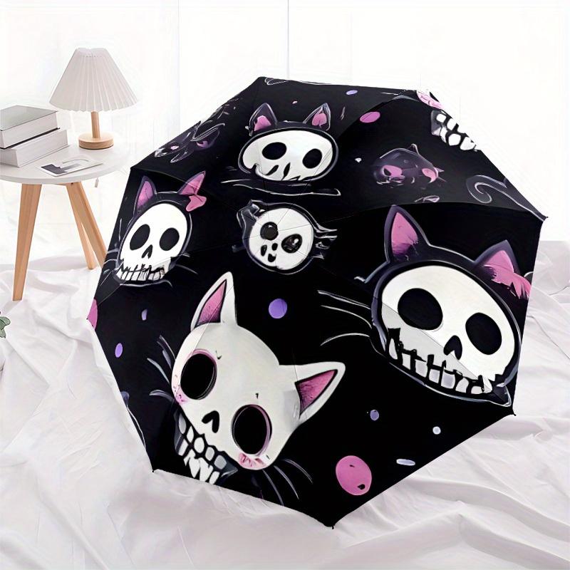 1pc Skull Cats Auto Open/Close Umbrella with Windproof, Functional Design, 8-Rib Sturdy Canopy