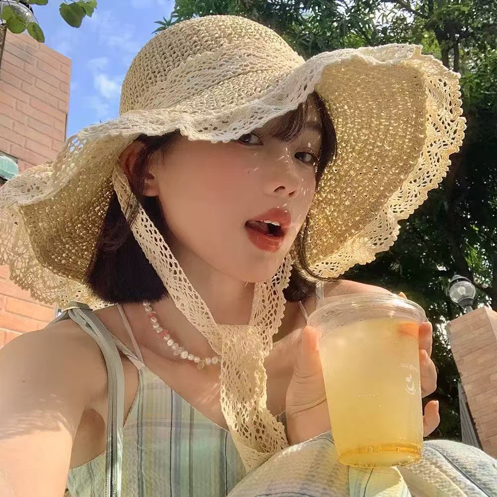 New Mint Mambo Flower Woven Bucket Hat Women's New Seaside Big Brim Straw Hat Sunscreen Hat