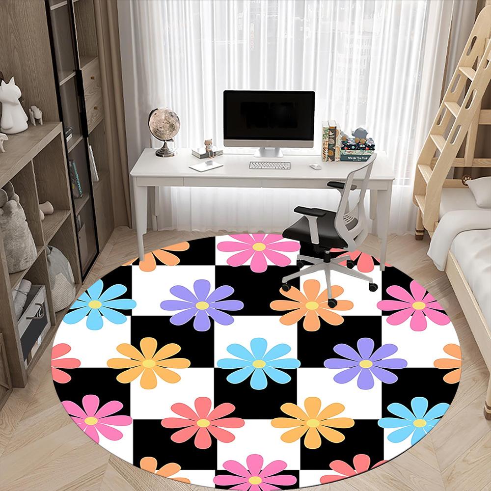 1pc Floral Checkered Office Round Area Rug, Mat Suitable For Office, Under Office Chairs Bedroom Living Room Home Decor, Room Deco