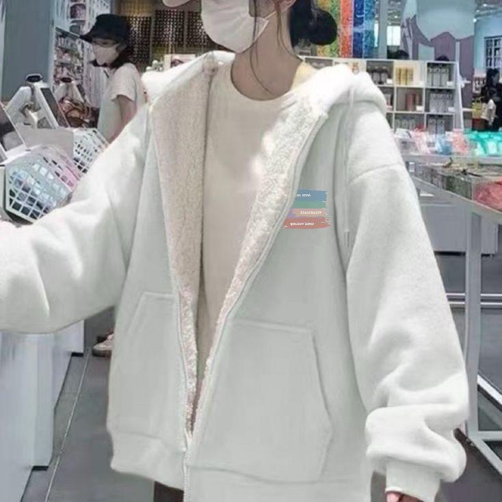 Women's Lambswool Hooded Sweatshirt - Winter 2025 Style, Plus Velvet, Thickened, Loose Cardigan, Trendy and Warm Outerwear for Students.