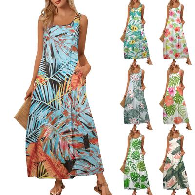 Women's Summer Fashion Round Neck Sleeveless Beach Dress Floral Printed Dresses