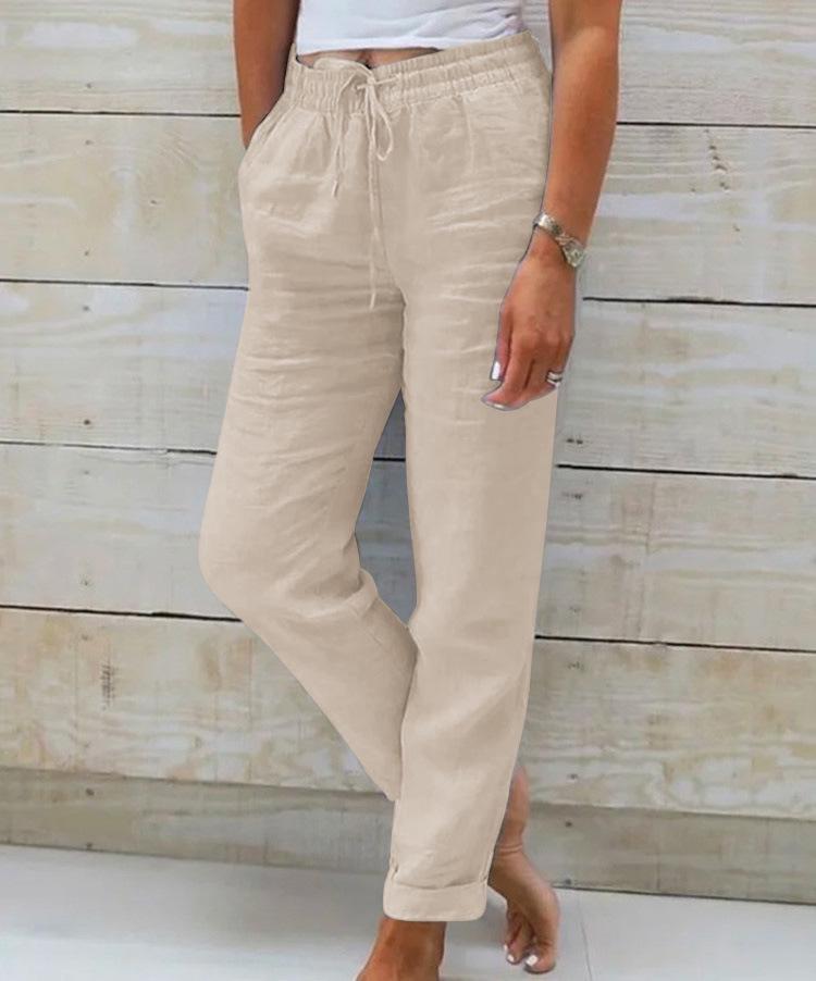 2024 Summer Elastic Waist Cotton Linen Wide-Leg Pants – Women's Loose-Fit Solid Color Trousers