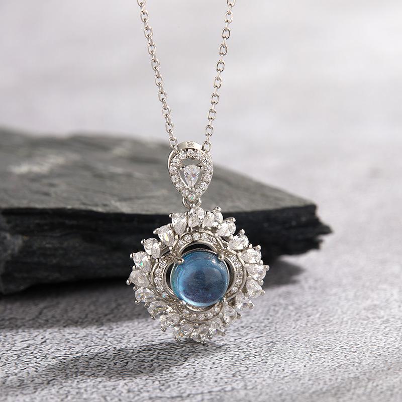 French Design S925 Sterling Silver Natural Aquamarine Color Treasure Necklace Women'S Personality Pendant Fashion Clavicle Chain
