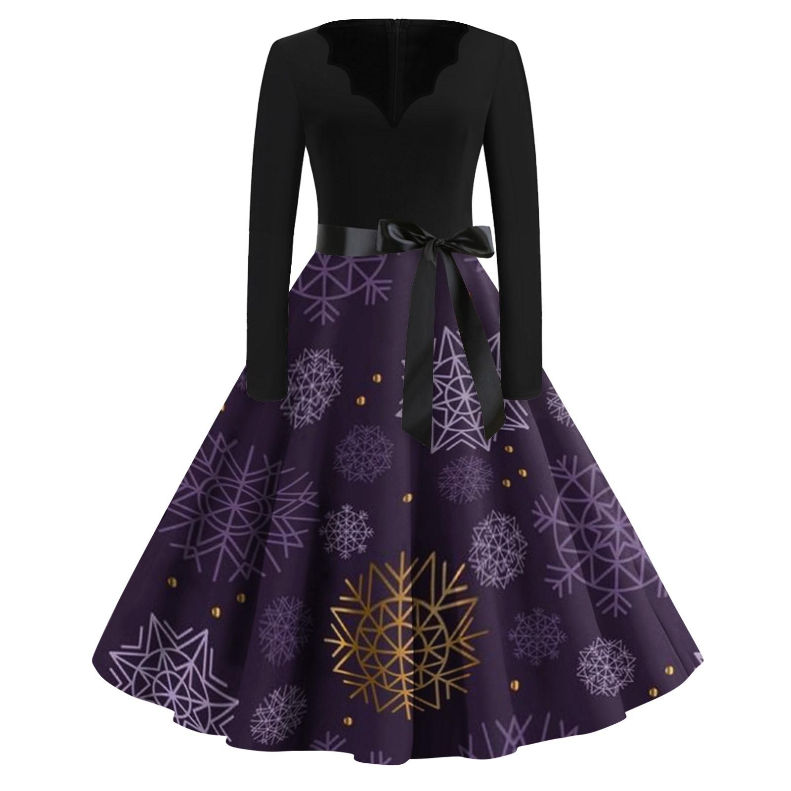 

Женские модные повседневные тонкие рождественские платья с длинным рукавом с v-образным вырезом и принтом XL фиолетовый