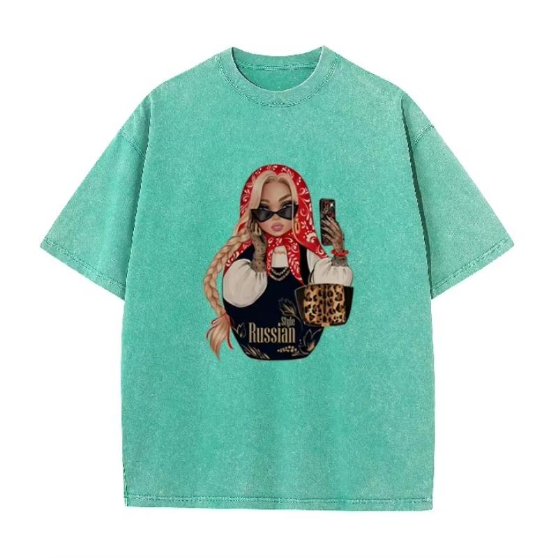 Fashion Russian Style Babushka Doll Print T-shirt Vintage Washed Casual Loose Short Sleeve Streetwear Tops