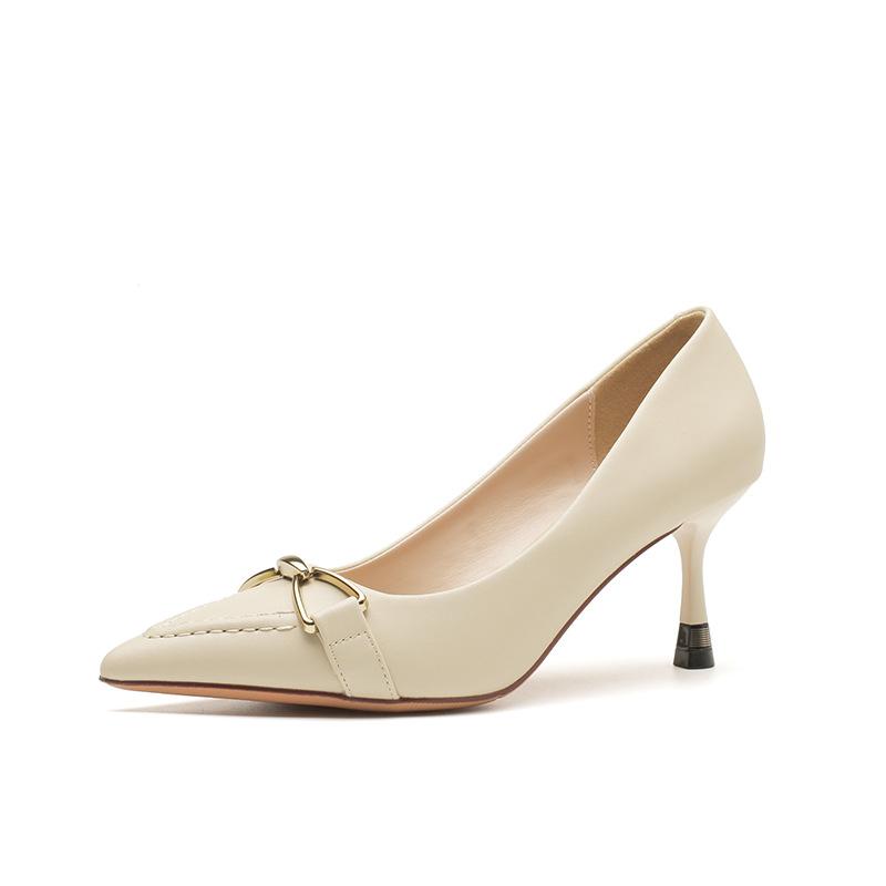 European station spring new high heels thin heel pointed fashion shallow mouth temperament metal buckle commuter single shoes heels