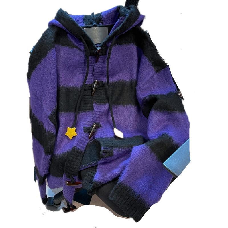 Lazy Style Cute Star Stripe Hooded Sweater Women's Autumn and Winter Anime Mine Knitted Cardigan Coat