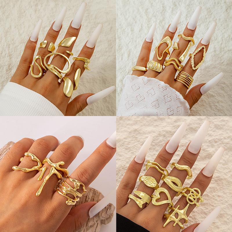 Fashionable irregular geometric openwork ring set design sense peach heart butterfly opening ring for women