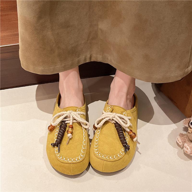 Fashion Autumn New Retro Baotou Flat Slippers Women's Round Toe Deep Mouth Platform Suede Front Lace-up Soft Slip Slides Women Slippers