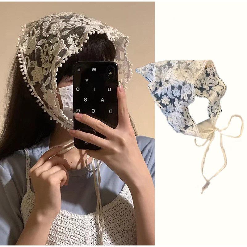 White Woven Floral Lace Hair Scarf Wraps Women Retro Triangle Headscarf Hat Travel Photo Headband Hair Accessories French Style