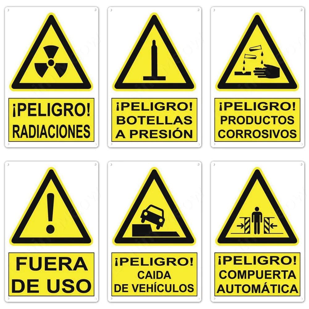 Spanish Warning Sign, Danger Metal Sign for Street, Yard, Bar, Workshop Decor, Yellow Waterproof Caution Signs, Outdoor Indoor