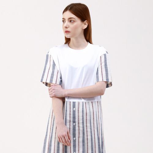 Bunderghost Cotton Linen Striped Color Block Short Sleeve Dress (White)