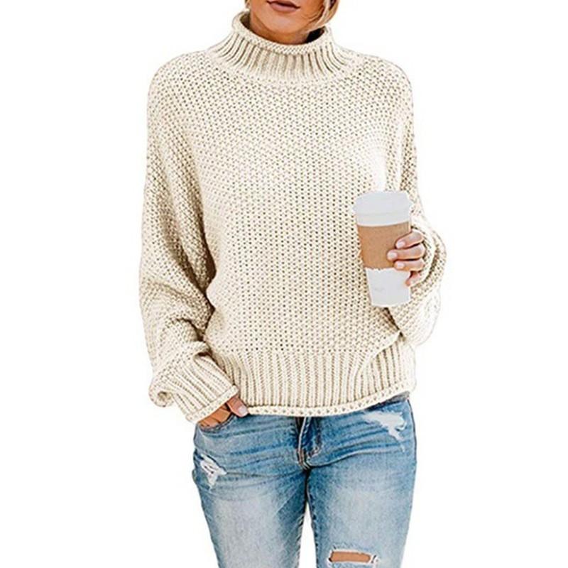 Womens High Neck Knit Sweater Loose Fit Solid Color Oversized Office Casual Winter Pullover