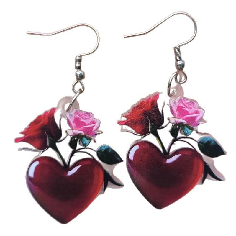 Blood Red Heart Rose Acrylic Earrings - Valentine's Day