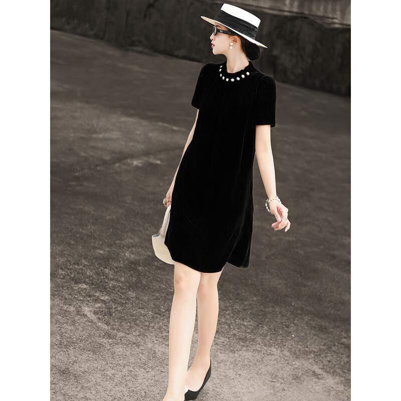 Lanser Elegant French Style Silk Velvet Little Black Dress