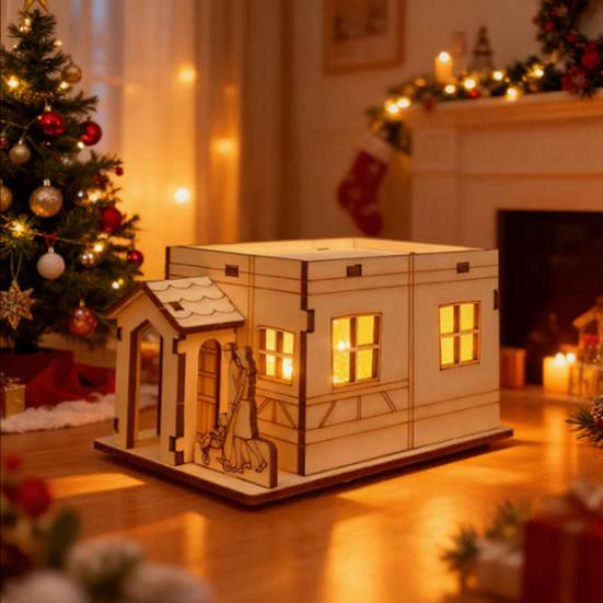 Wooden LED Lighted House Ornament Handcrafted Glowing Christmas House Decoration Xmas Holiday Party Desktop Decor