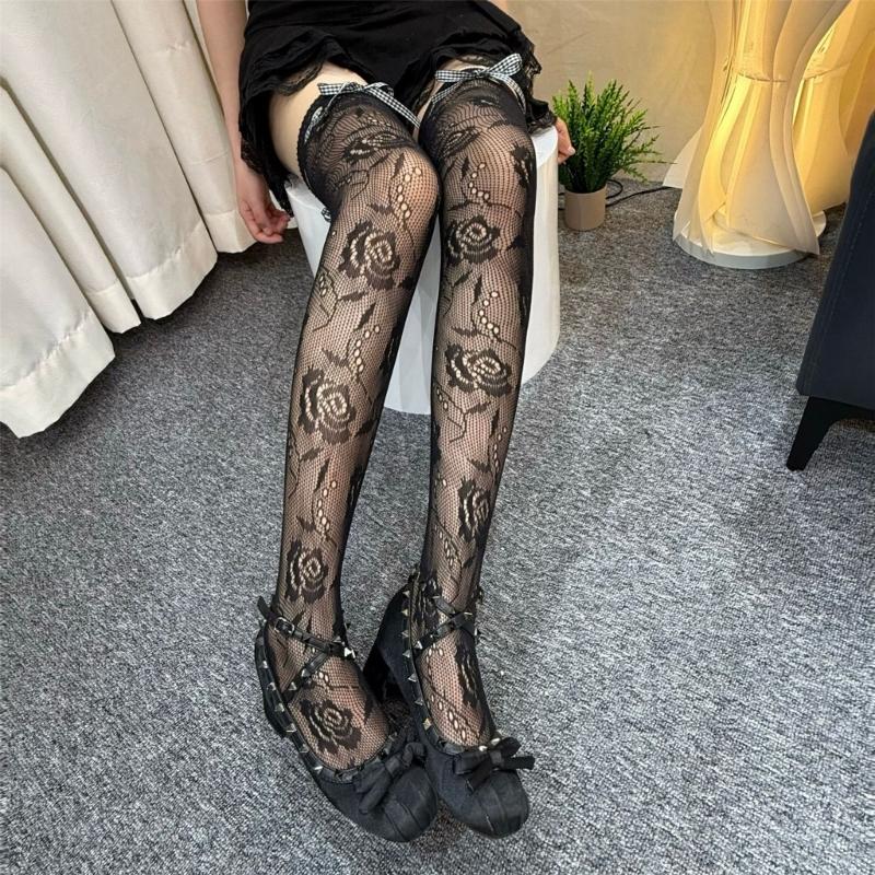 Lace Thigh High Socks With Rose Pattern Hollows Out Design Breathable Over Knee Stockings For Women Comfortable Polyester