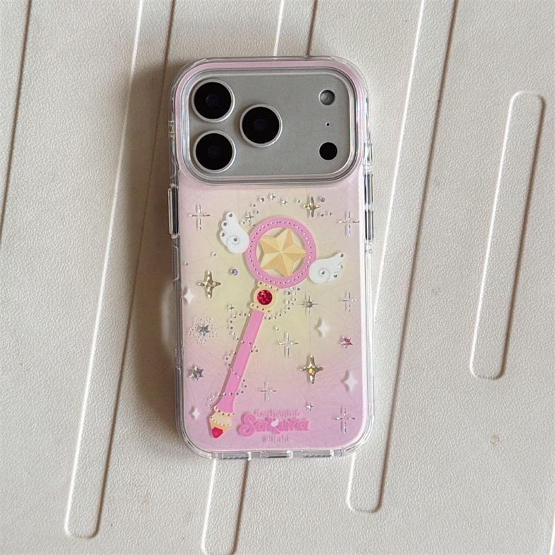 Девичий Сердечный Позолоченный Чехол-палочка Картоловки Сакуры для iPhone 17/16 ProMax/15/14 iPhone 15 Pro Max