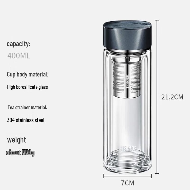 THERMOS 400ml Double-Layer Glass Portable Water Bottle