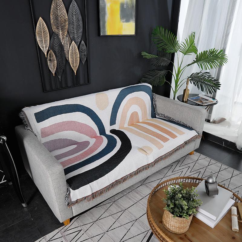 Textile City Abstract Rainbow Throw Blanket Mid-Century Modern Geometric Woven Tapestry With Fringe Pastel Boho Decorative Throw