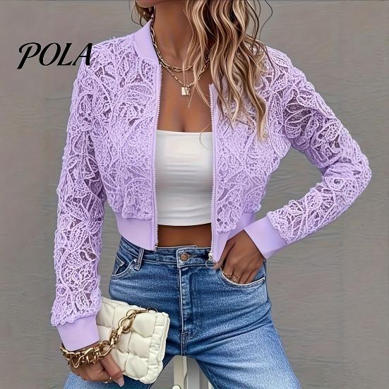 Lace Cutout Sleeves Jacket Women's Floral Jacket, Sexy See Through Long Lightweight Women Sleeve Crop Coat, Zip-Up Sheer Outerwear Spring for