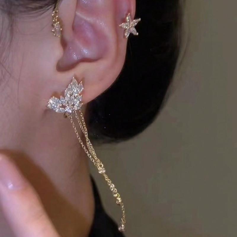 1pc Elegant Diamond Star & Leaf Tassel Ear Cuff Earring, Versatile Jewelry Gift For Women, Daily Wear
