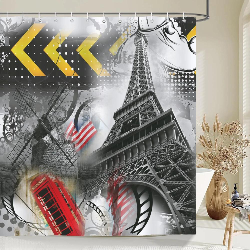 1 Pcs Paris Tower Pattern Polyester Shower Curtain Waterproof Fabric London Paris Scenic Bathroom Partition Curtain With Hooks